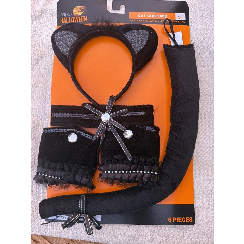 Black Cat Costume Set 5 Piece Ears Headband Tail Choker Cuffs Halloween Dress Up